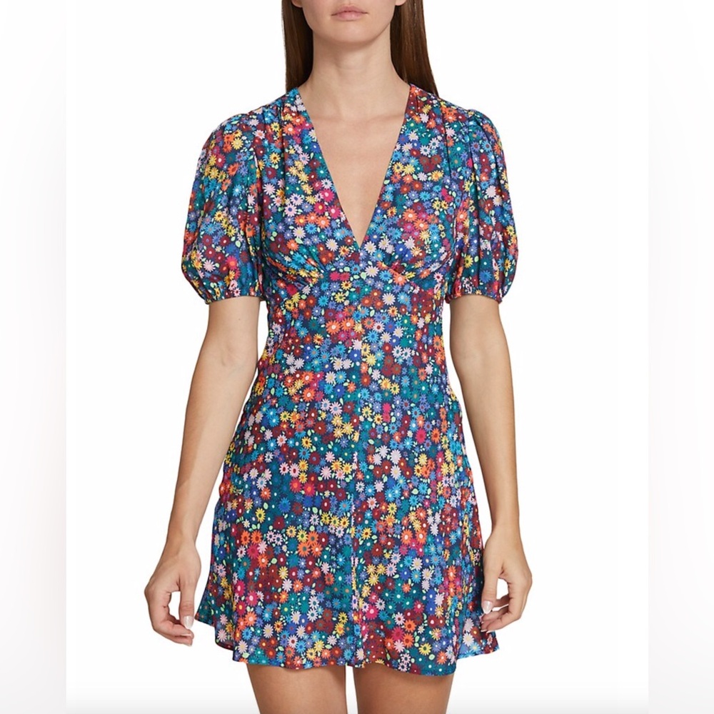 Staud Milla Floral-Print Mini Dress in Rainbow Flower Market